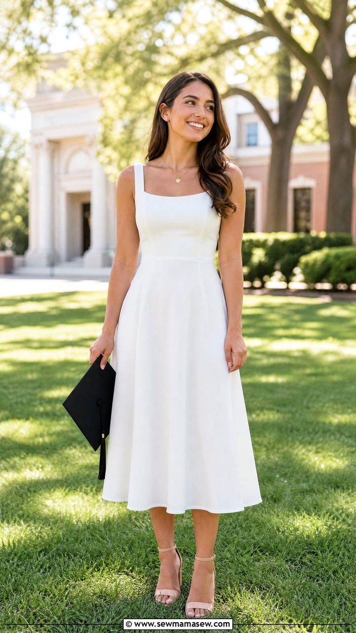 White Midi Dress With Strappy Heels - 25 Graduation photo outfit ideas