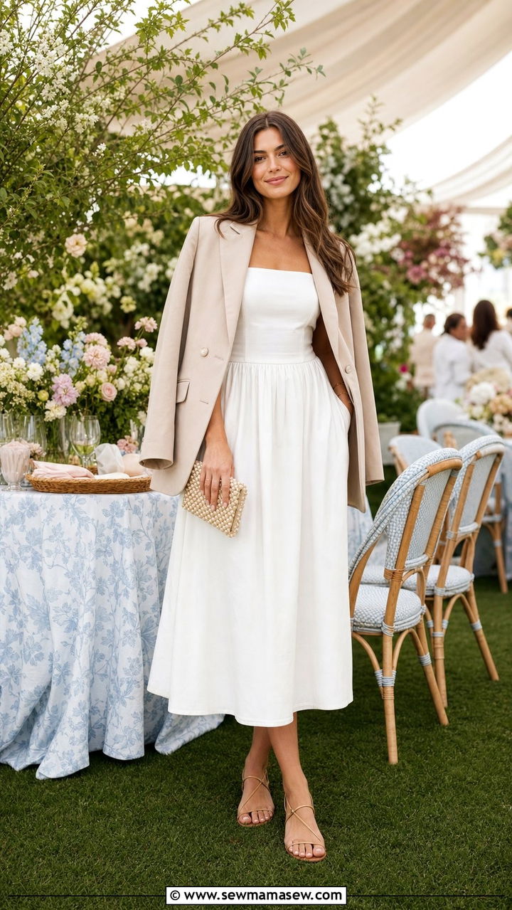 White Midi Dress With Tailored Blazer and Strappy Sandals - 25 Elevated spring outfit ideas 2026