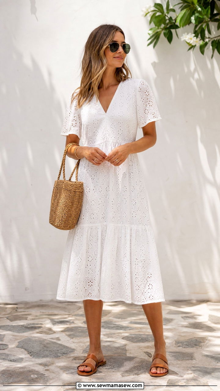 White Midi Dress With Tan Leather Sandals - 30 Midi dress with sandals outfit ideas