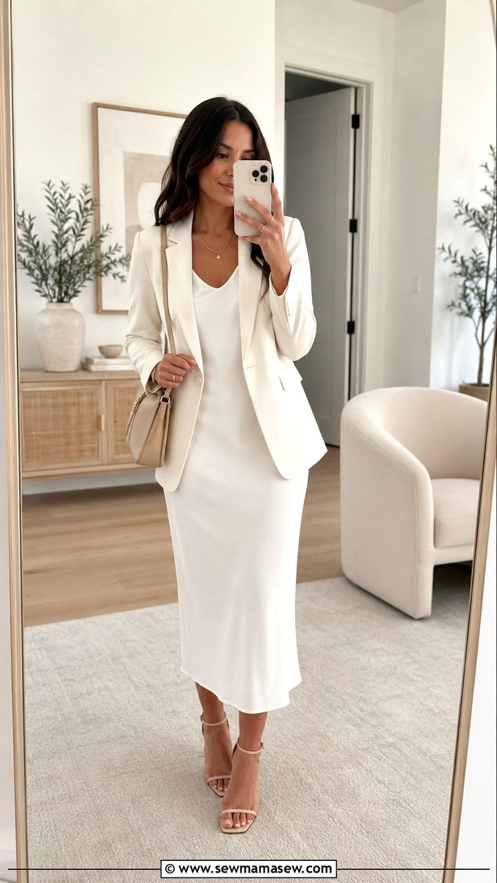 White Midi Dress With White Blazer - 30 Midi dress outfit ideas with a blazer