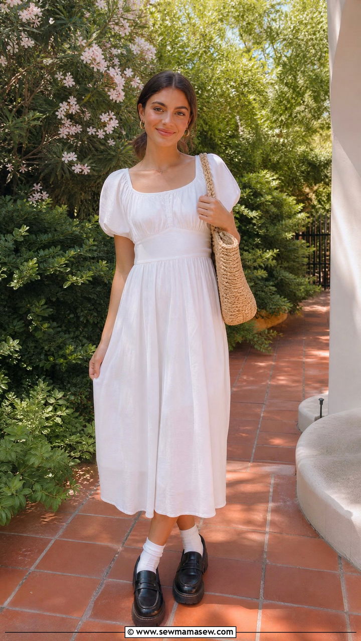 White Midi Dress With White Socks And Black Chunky Loafers - 30 French girl outfit ideas with loafers