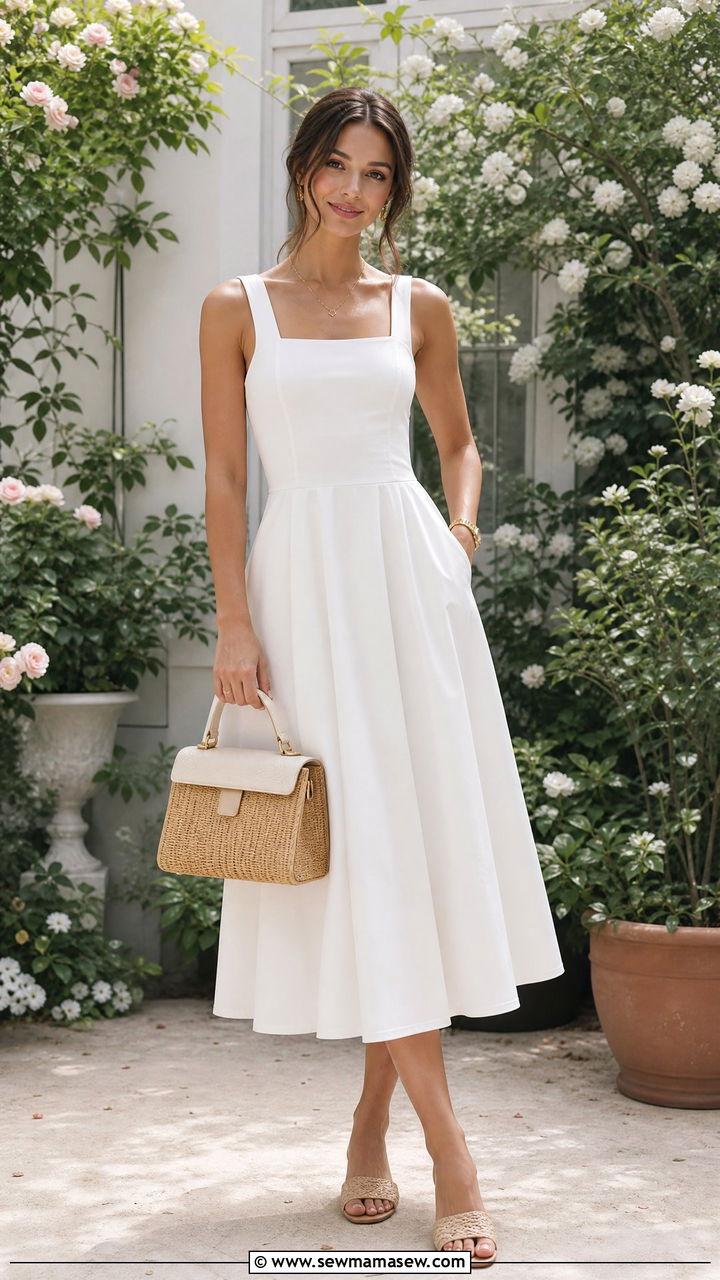 White Midi Dress With Woven Sandals And Top Handle Bag - 25 French girl outfit ideas 2026