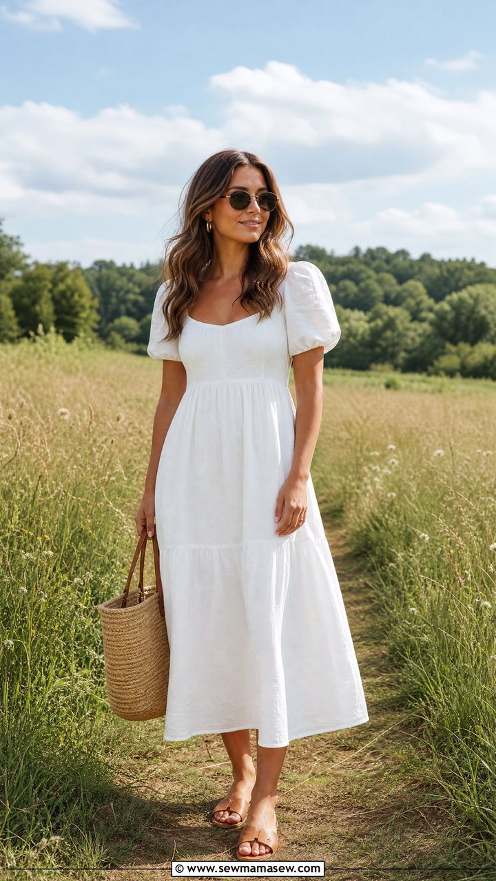 White Midi Dress and Flat Sandals - 30 clean girl outfits inspo