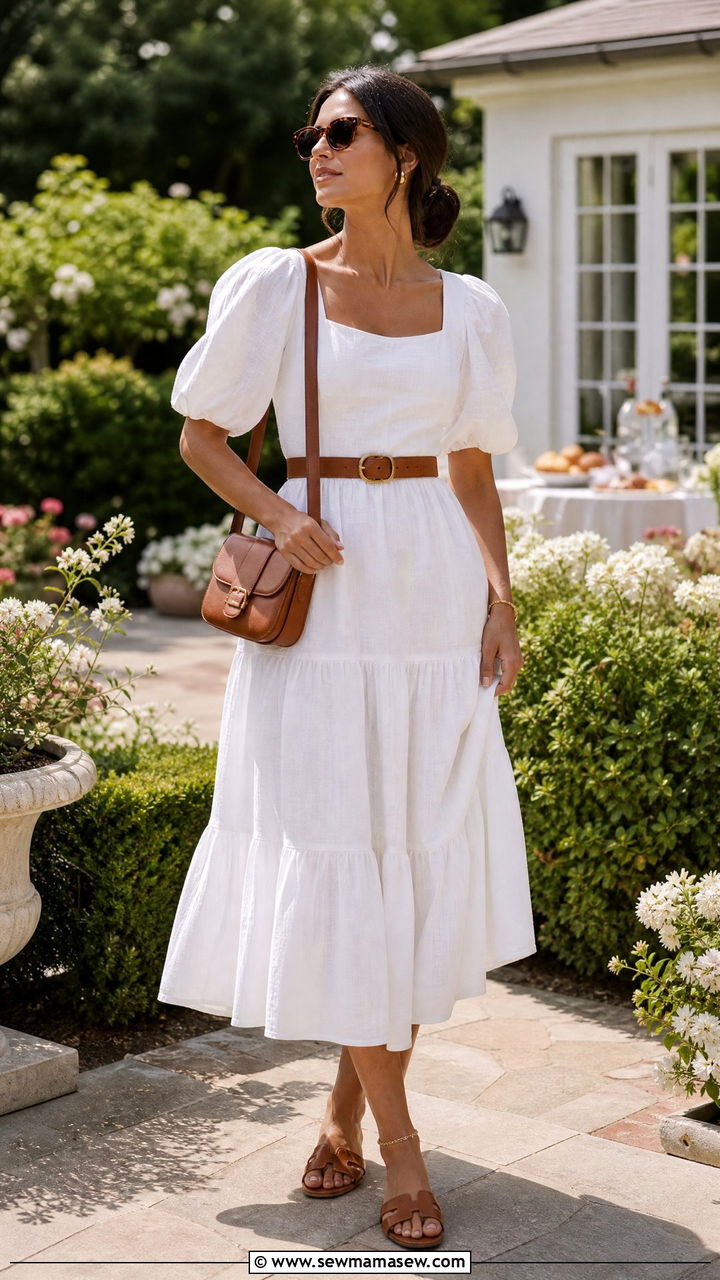 White Midi Dress with Cognac Leather Accessories - 30 Summer cottage outfits