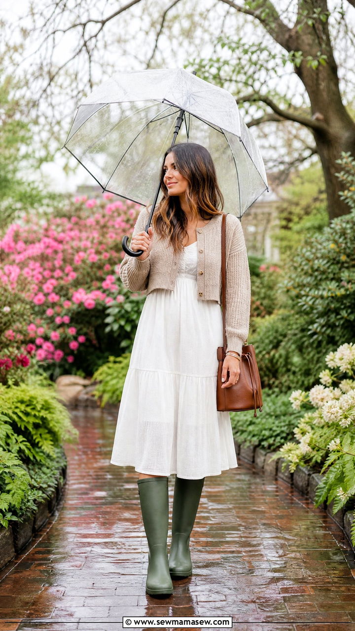 White Midi Dress with Green Rubber Rain Boots - 25 rainy day outfits aesthetic