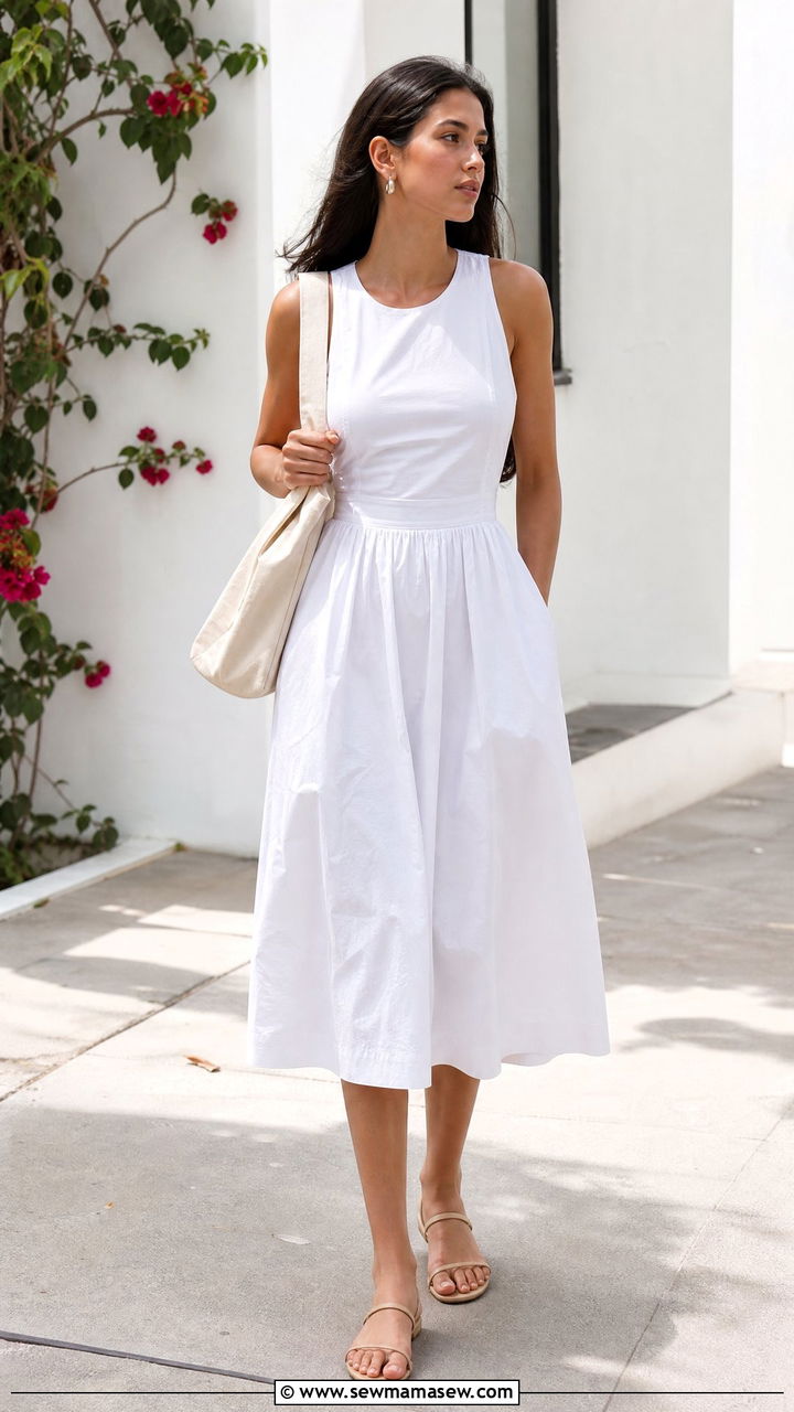 White Midi Dress with Minimal Sandals Outfit - 30 Summer white outfit ideas