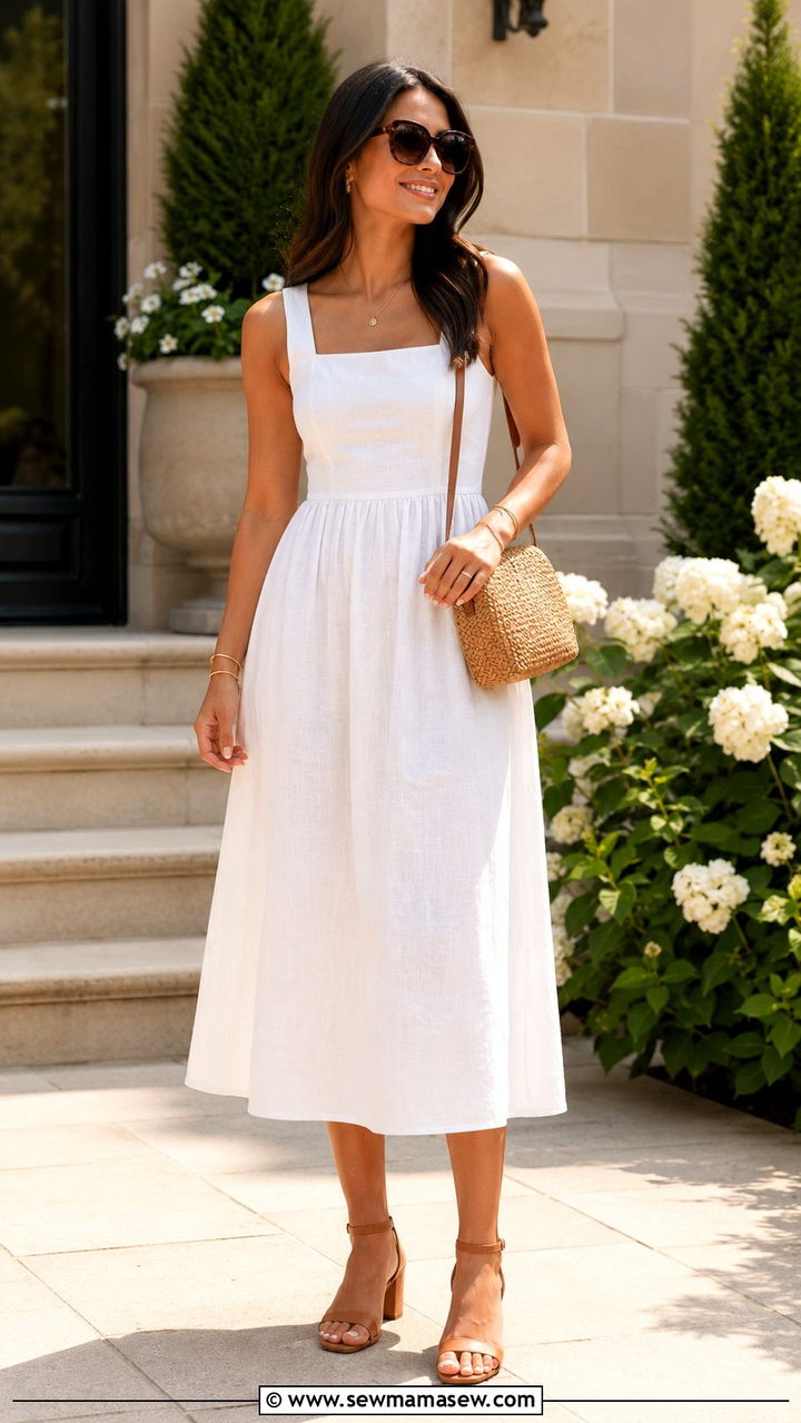 White Midi Dress with Neutral Accessories - 30 Graduation party outfits for guests