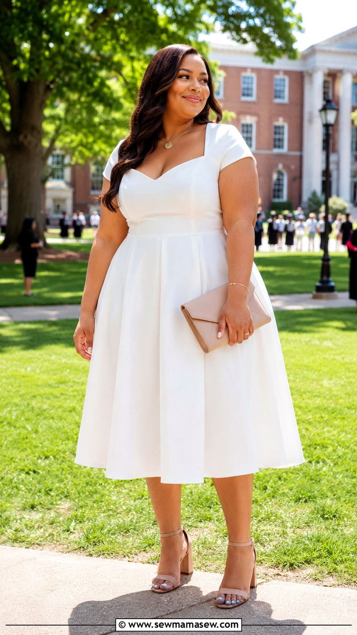White Midi Dress with Nude Block Heels - 30 Plus size outfit ideas for graduation