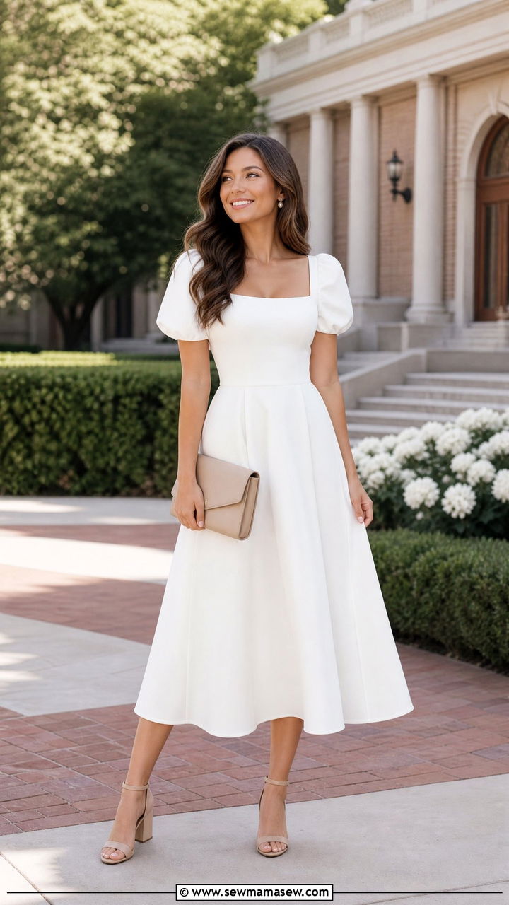 White Midi Dress with Nude Heels Graduation Look - 25 Graduation photo shoot outfit ideas