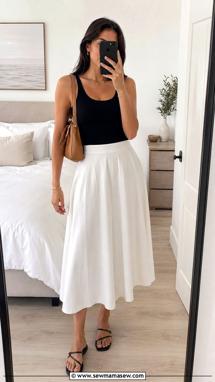 White Midi Skirt Outfit with Black Tank and Strappy Sandals - 30 spring midi skirt outfit ideas