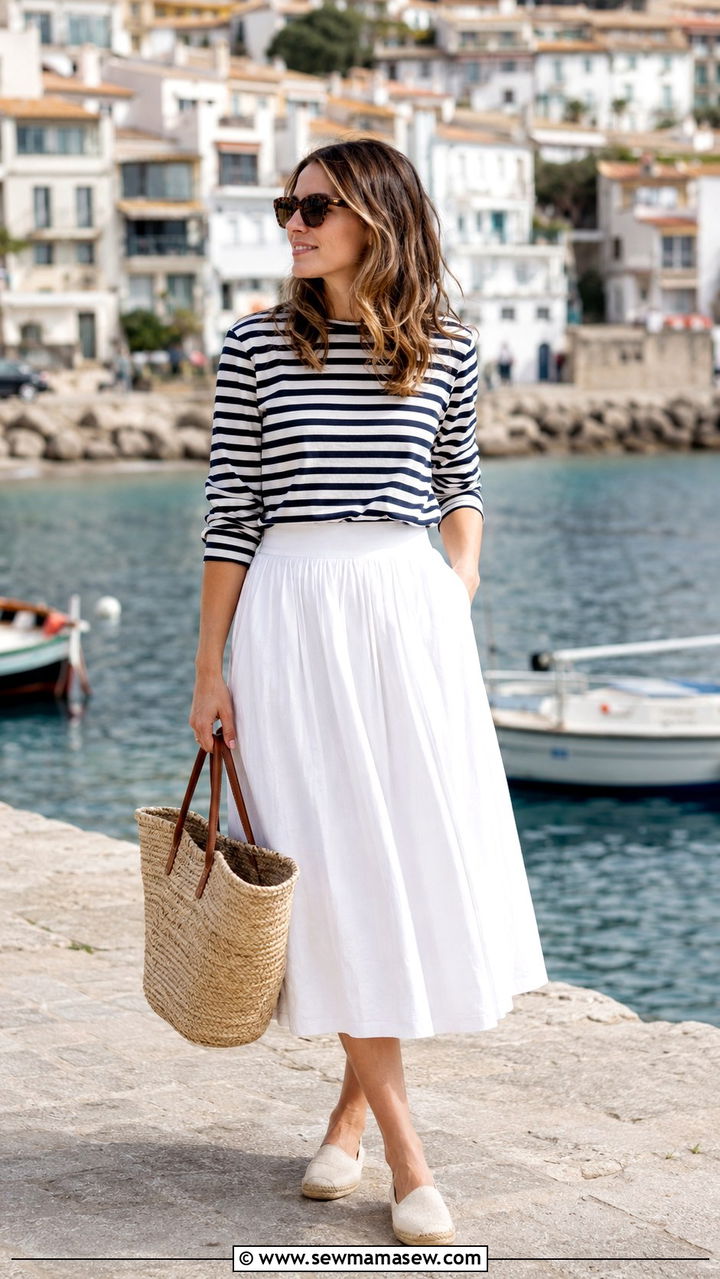 White Midi Skirt Outfit with Striped Tee and Espadrilles - 30 spring midi skirt outfit ideas