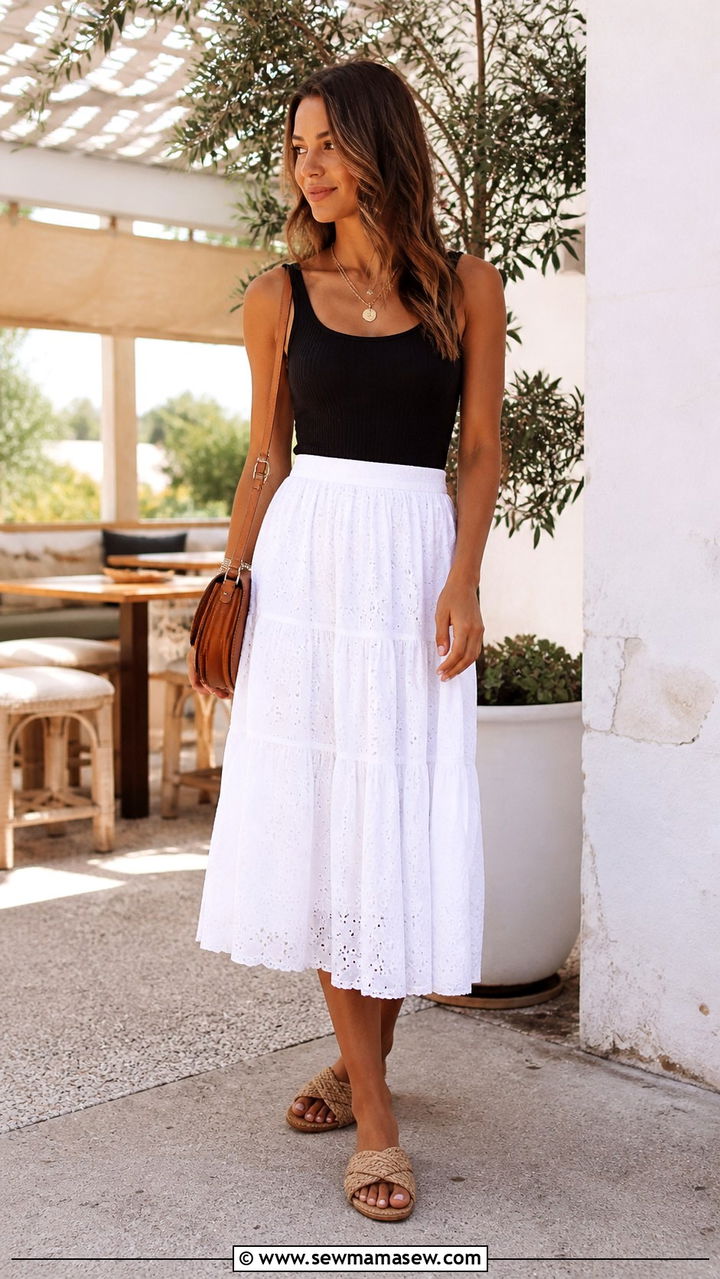 White Midi Skirt and Ribbed Tank Outfit - 40 Summer outfits for women