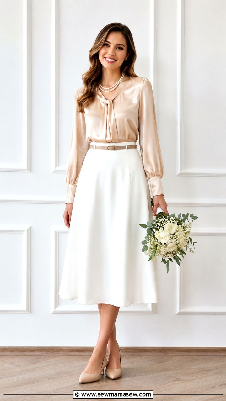 White Midi Skirt and Silk Blouse with Pearl Accessories - 25 Nursing school graduation outfit ideas