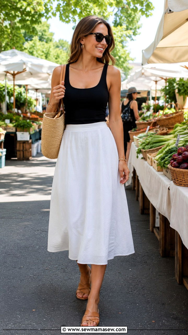 White Midi Skirt and Tank Top Summer Outfit - 30 How to style a midi skirt in summer
