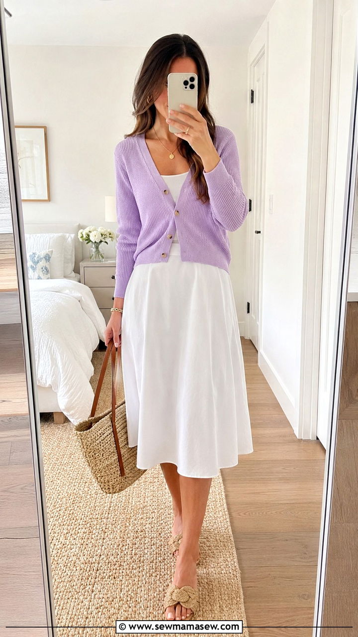 White Midi Skirt with Pastel Cardigan Spring Look - 30 spring midi skirt outfit ideas