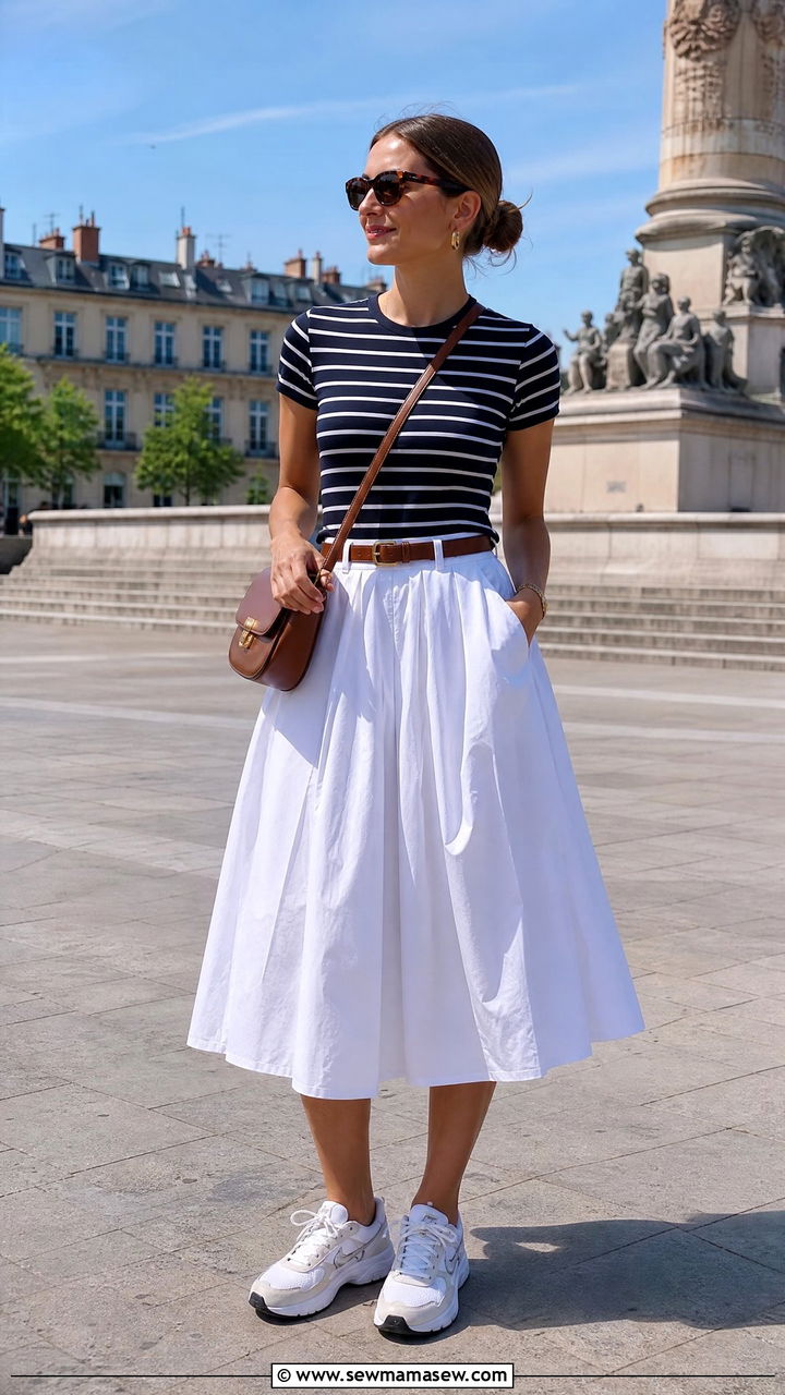 White Midi Skirt with Striped Tee and Chunky Sneakers - 35 French girl summer outfit ideas