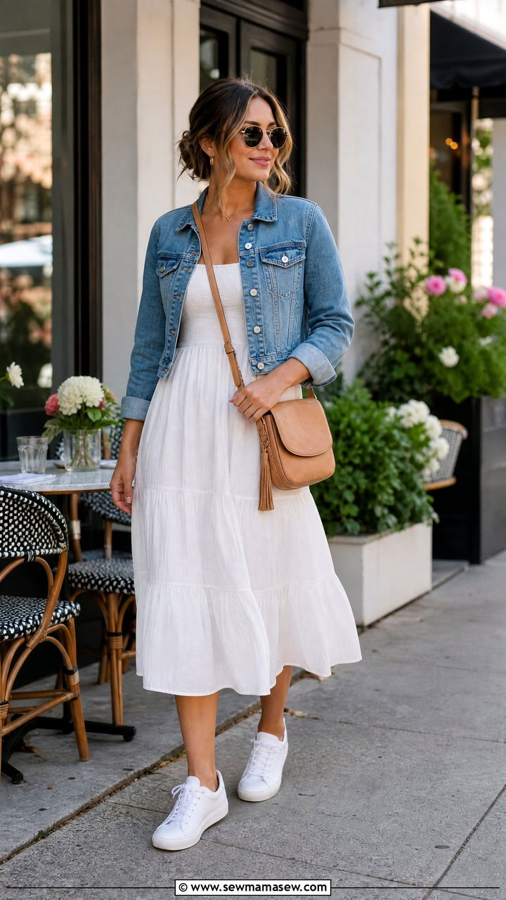 White Midi Sundress With Denim Jacket - 25 Brunch outfit ideas with a sundress