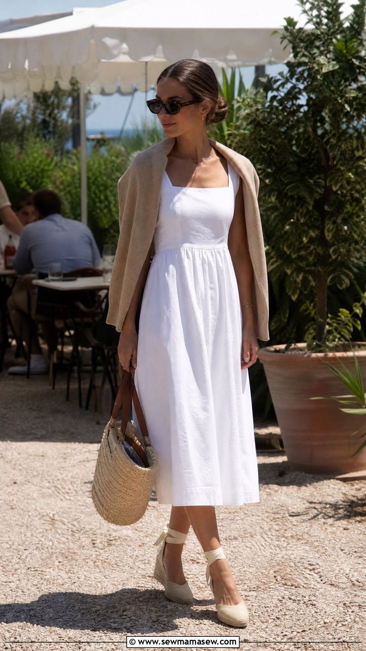 White Midi Sundress with Beige Cardigan and Espadrilles - 30 old money outfits inspo