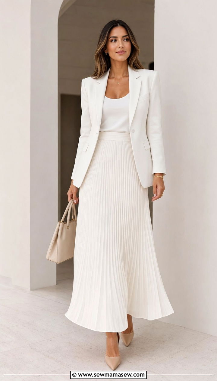 White Monochrome Blazer with Maxi Skirt - 25 classy outfits for modest women