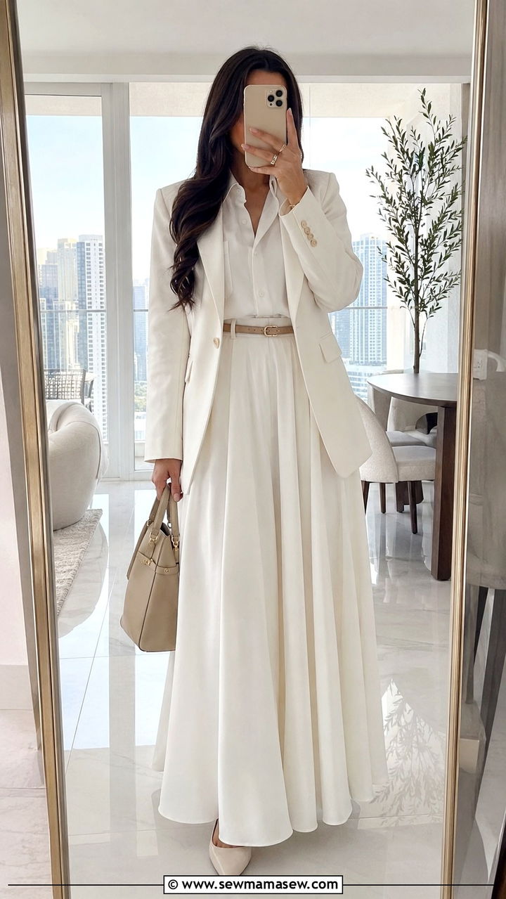 White Monochrome Outfit with Blazer and Maxi Skirt - 25 outfit ideas for modest women