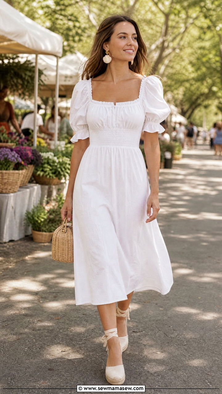 White Nap Dress with Shell Earrings and Espadrilles - 30 Coastal grandmother summer outfits