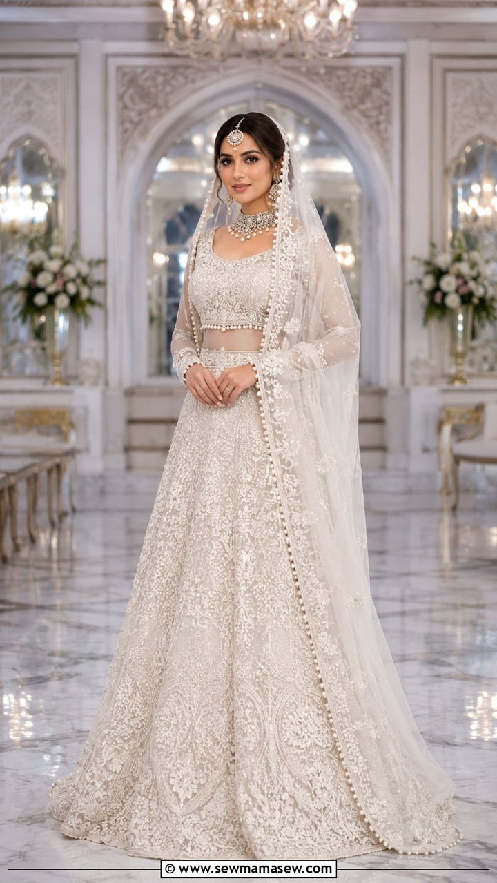 White Net Lehenga With Resham Embroidery - 25 Modest outfit ideas for Walima