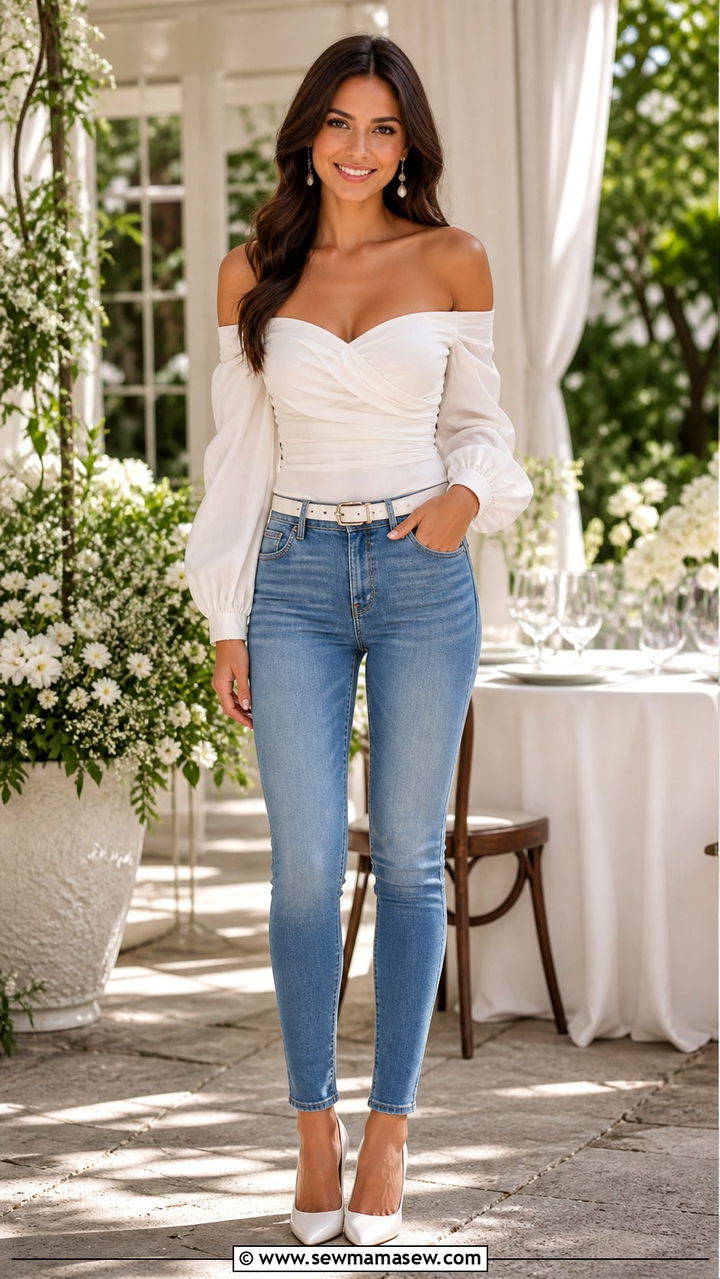 White Off Shoulder Blouse And Skinny Jeans - 40 All white outfit ideas