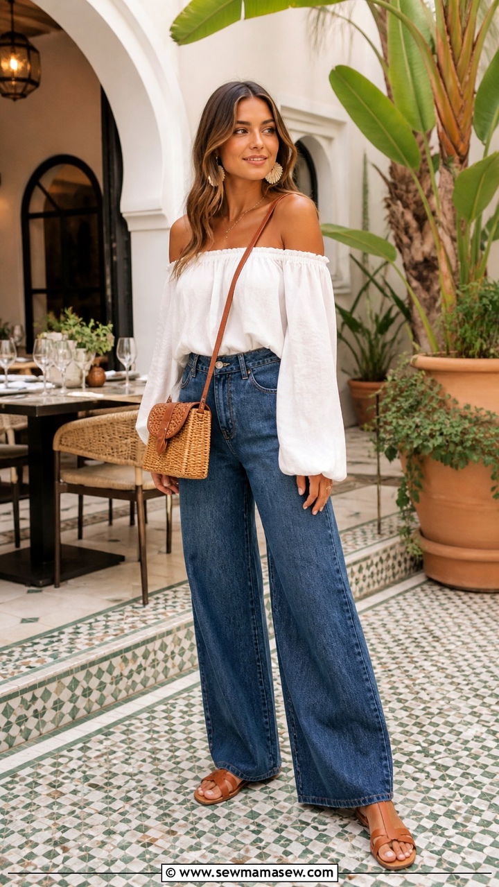 White Off Shoulder Blouse With Indigo Wide Leg Jeans - 40 Marrakech outfit ideas