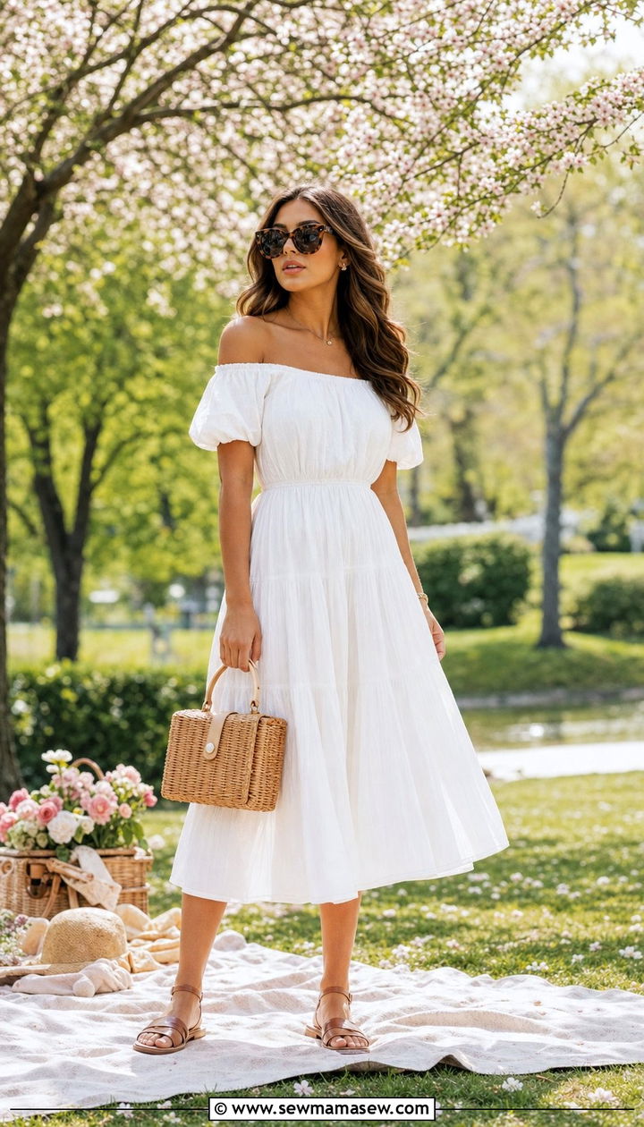 White Off Shoulder Dress With Wicker Bag - 25 spring white dress outfit ideas