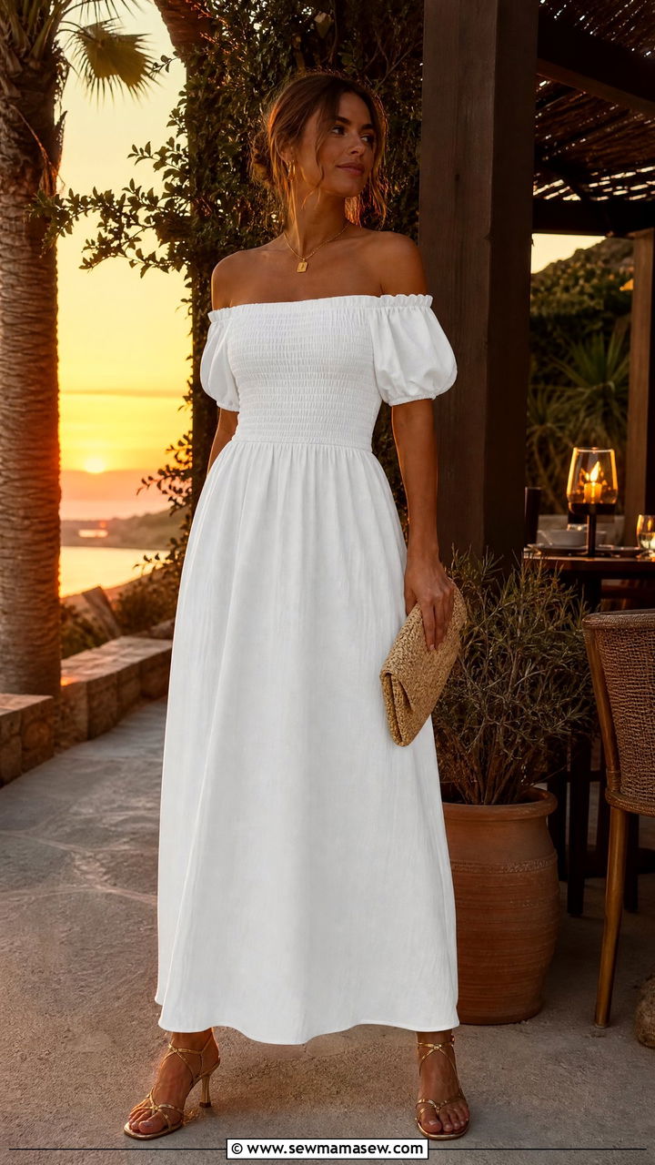 White Off Shoulder Maxi Dress with Strappy Heeled Sandals - 30 summer white dress outfit ideas