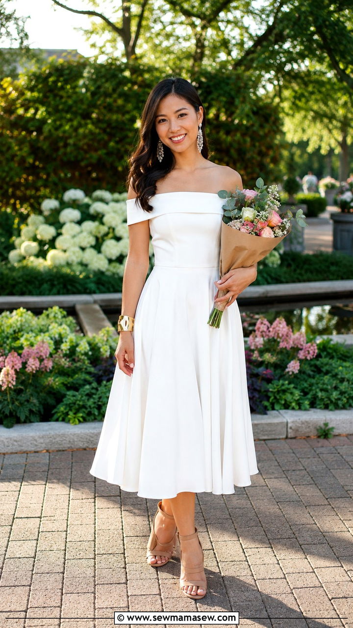 White Off Shoulder Midi Dress With Statement Earrings - 25 White graduation dress ideas