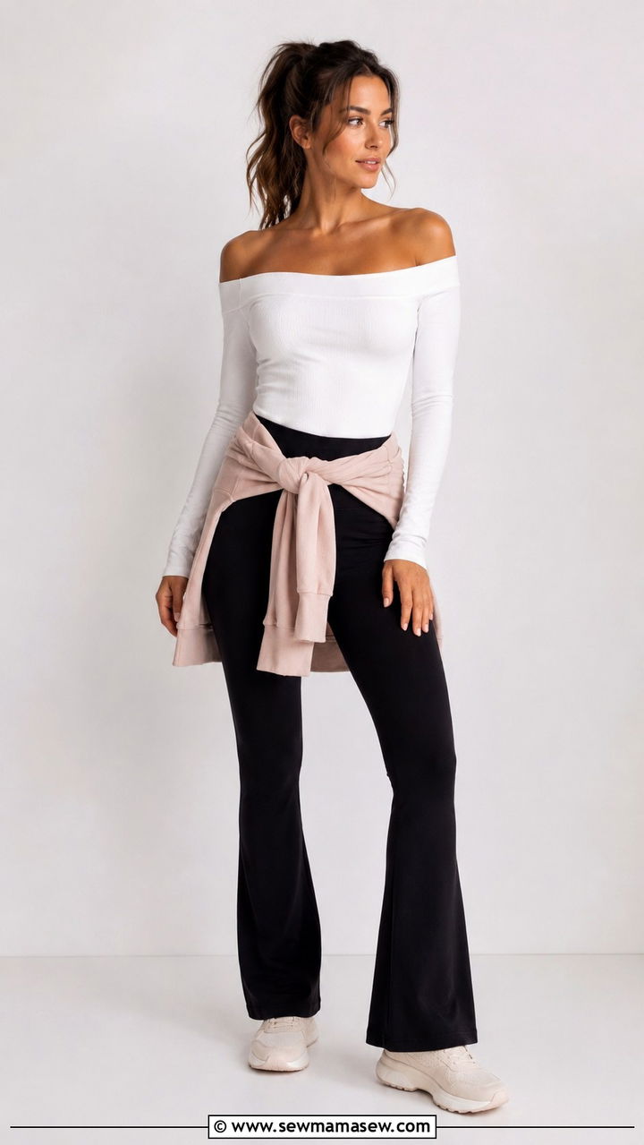 White Off Shoulder Top and Black Flared Leggings - 25 Personal trainer outfit ideas