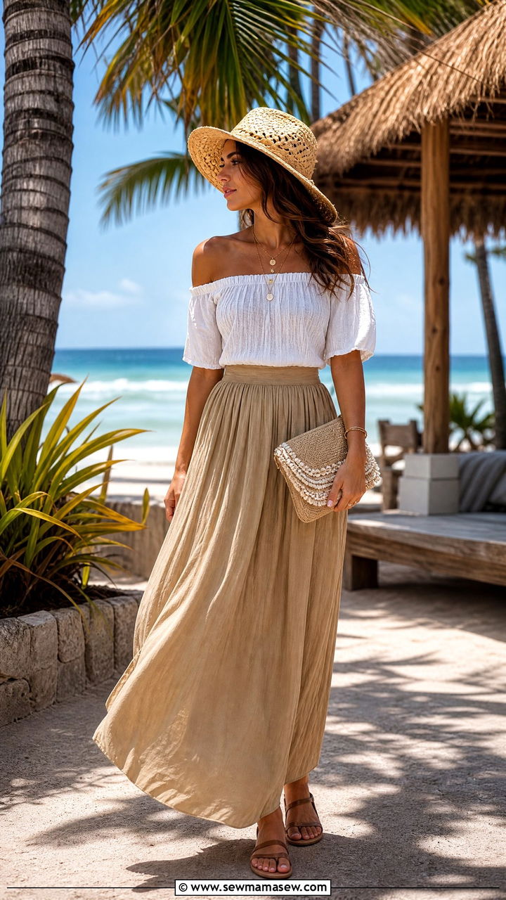 White Off Shoulder Top with Khaki Maxi Skirt - 25 Khaki and white outfit ideas