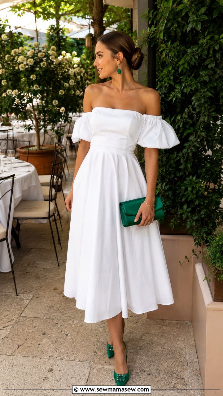 White OffShoulder Dress With Emerald Accessories - 20 anniversary dinner outfit ideas