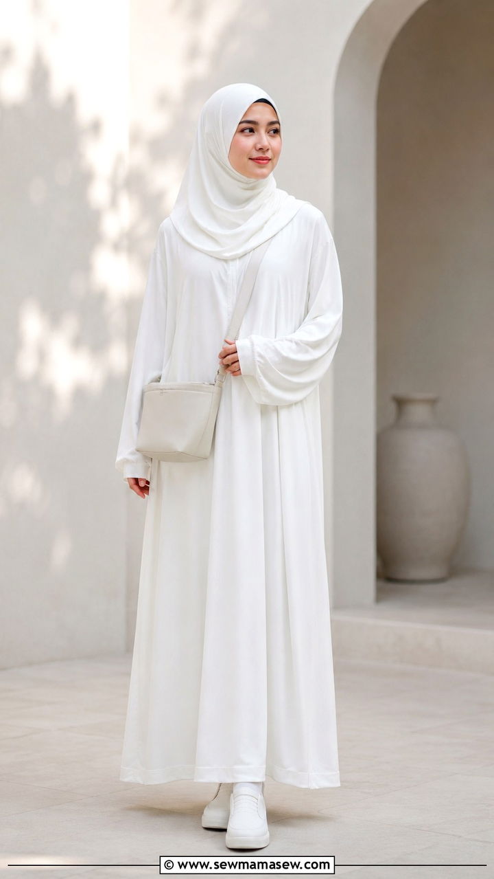 White One Piece Prayer Dress With Built In Scarf - 20 Modest outfit ideas for Hajj