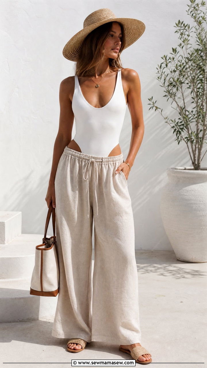 White One Piece Swimsuit With Linen Pants Outfit - 30 summer one piece swimsuit outfit ideas