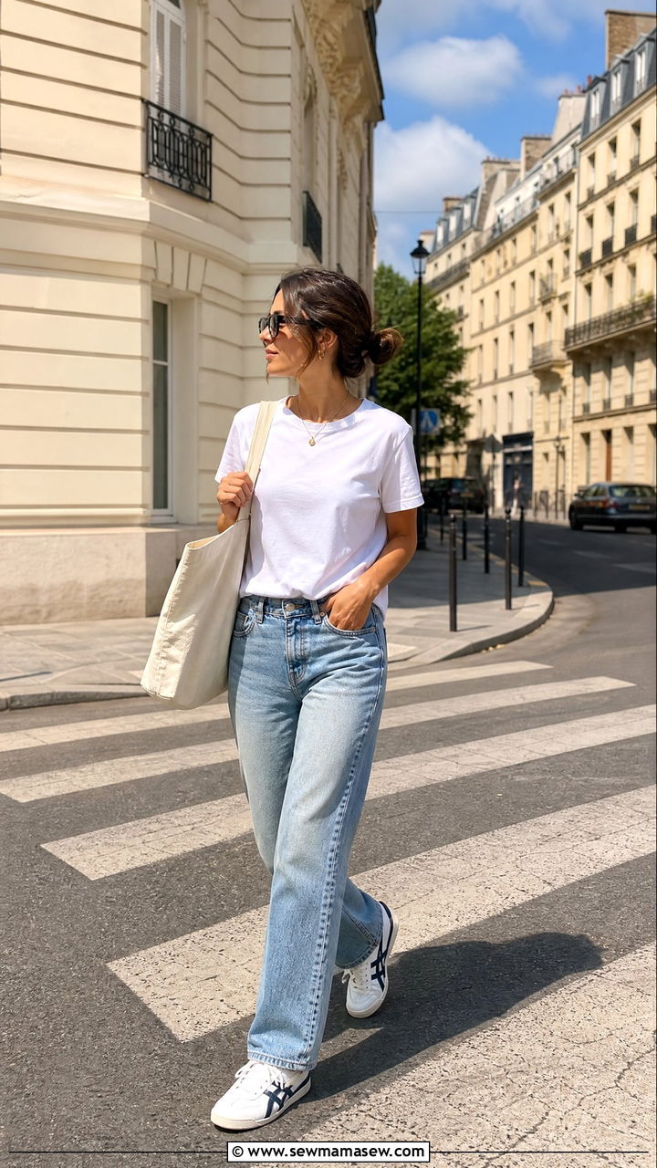 White Onitsuka Tiger Mexico 66 with straight leg jeans and a white tee - 25 Sporty chic outfit ideas with Onitsuka Tigers