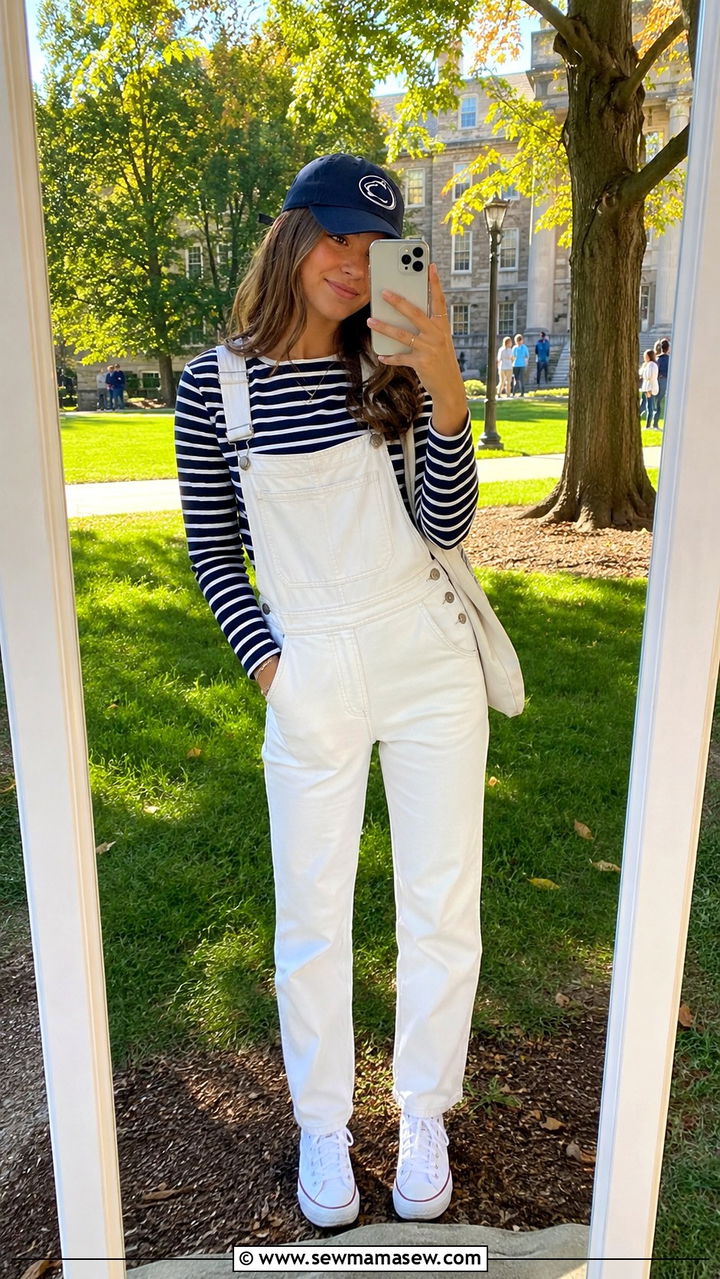 White Overalls With Blue And White Striped Top - 20 Gameday outfit ideas Penn State