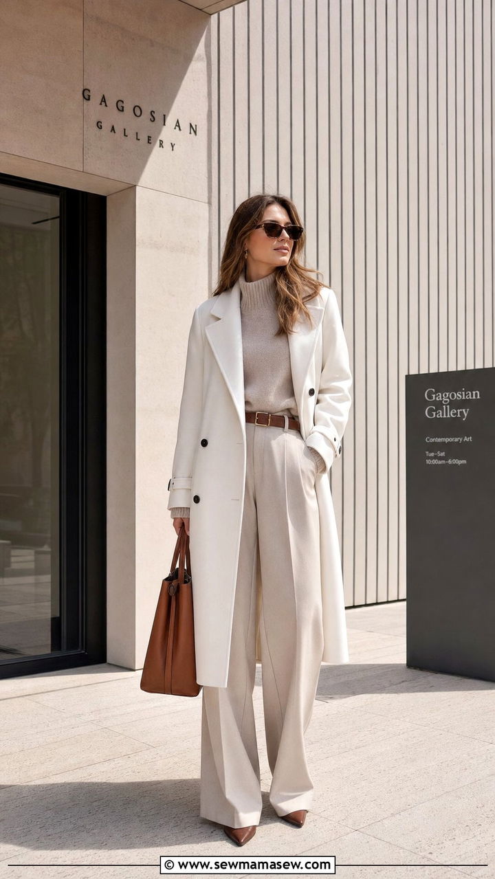White Overcoat with Knit Sweater and Pleated Trousers - 25 classy light academia outfits