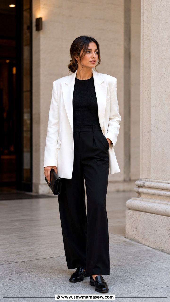 White Oversized Blazer With Black Top And Wide Leg Trousers - 30 Oversized blazer outfit ideas with loafers