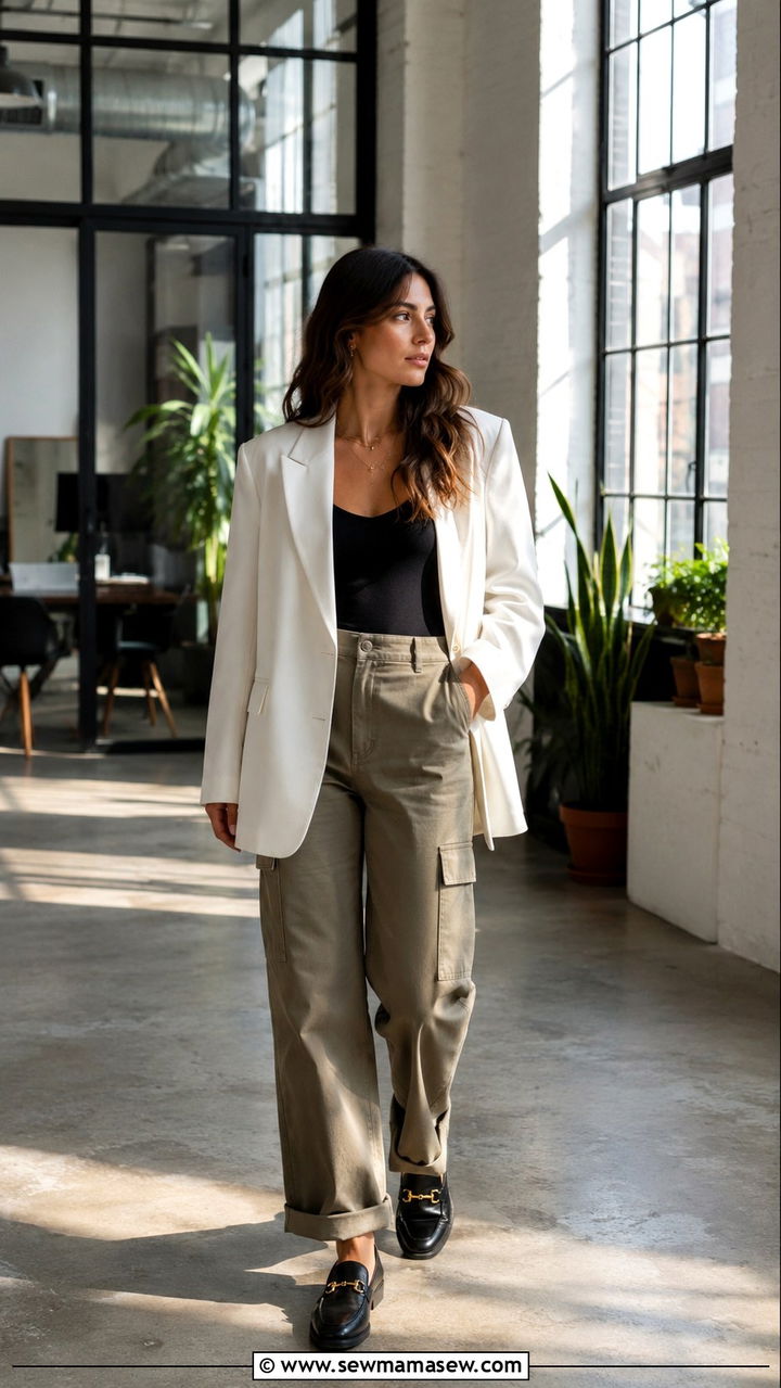 White Oversized Blazer With Cargo Pants And Fitted Tank - 30 Oversized blazer outfit ideas with loafers