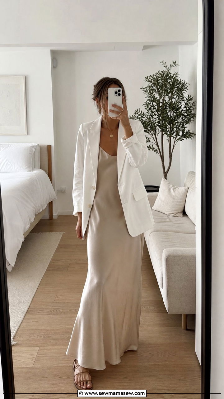 White Oversized Blazer With Slip Maxi Dress And Strappy Sandals - 30 Maxi dress outfit ideas with a blazer