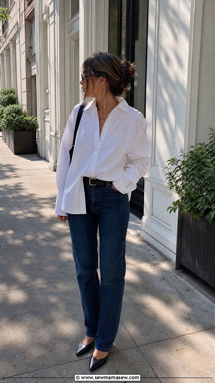 White Oversized Poplin Shirt with Dark Denim - 30 clean girl outfits aesthetic