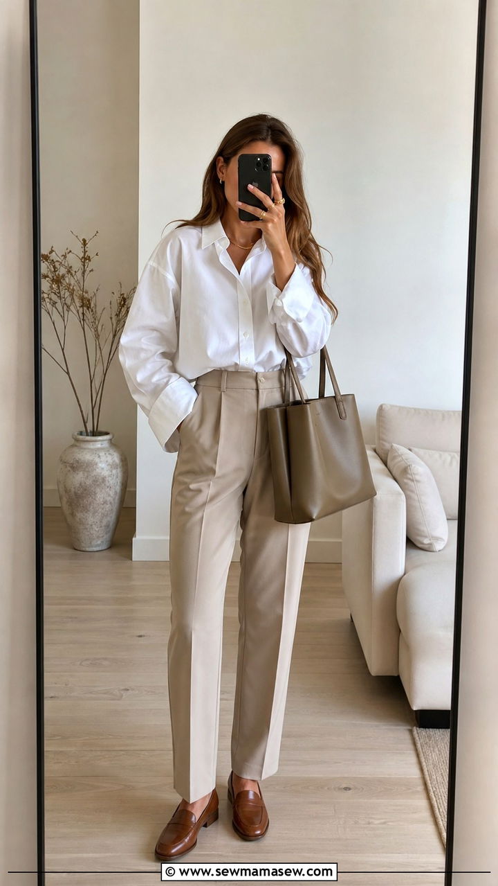 White Oversized Shirt with Beige Trousers Outfit - 40 spring work outfit ideas