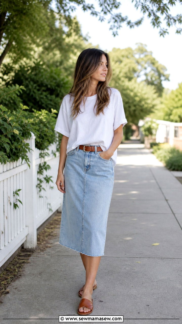 White Oversized T Shirt and Brown Slide Sandals with Light Denim Skirt - 40 denim skirt outfits