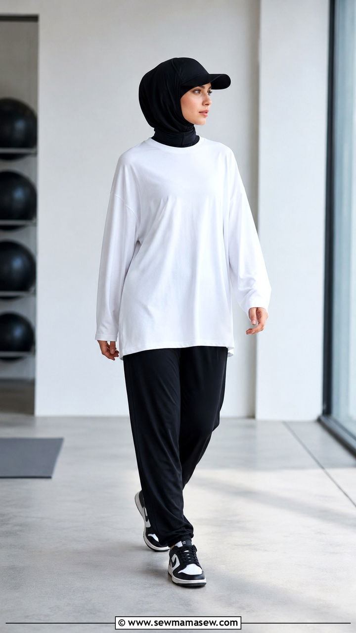 White Oversized Tee With Black Training Pants And Cap Hijab - 25 Modest yoga outfit ideas with hijab