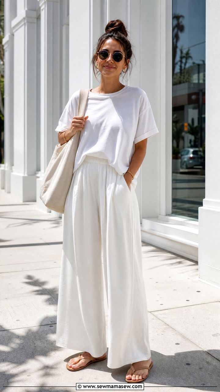 White Oversized Tee and Palazzo Pants Outfit - 30 Summer white outfit ideas