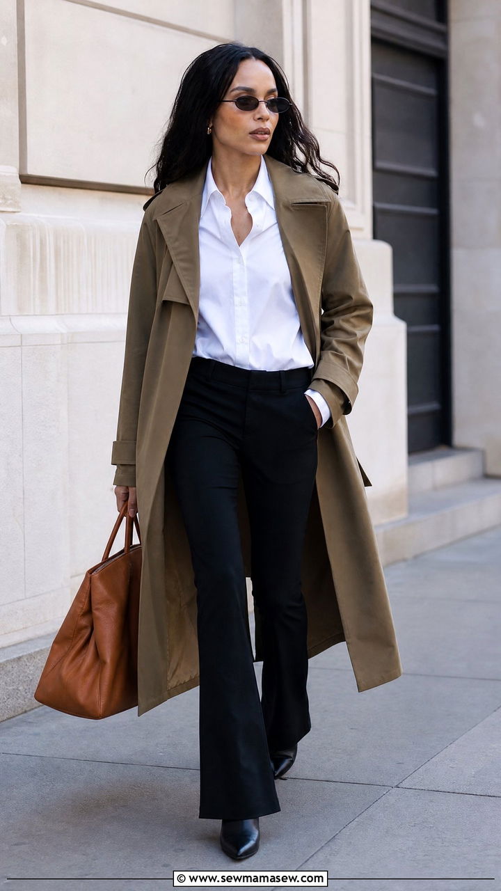 White Oxford Shirt With Bootcut Trousers and Trench Coat - 20 Zoe Kravitz spring outfit ideas