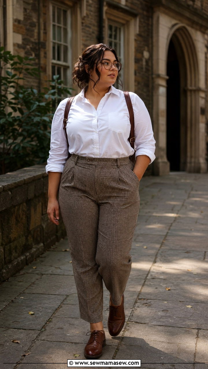 White Oxford Shirt With High Waisted Houndstooth Trousers And Brogues - 20 Dark academia outfits for curvy women