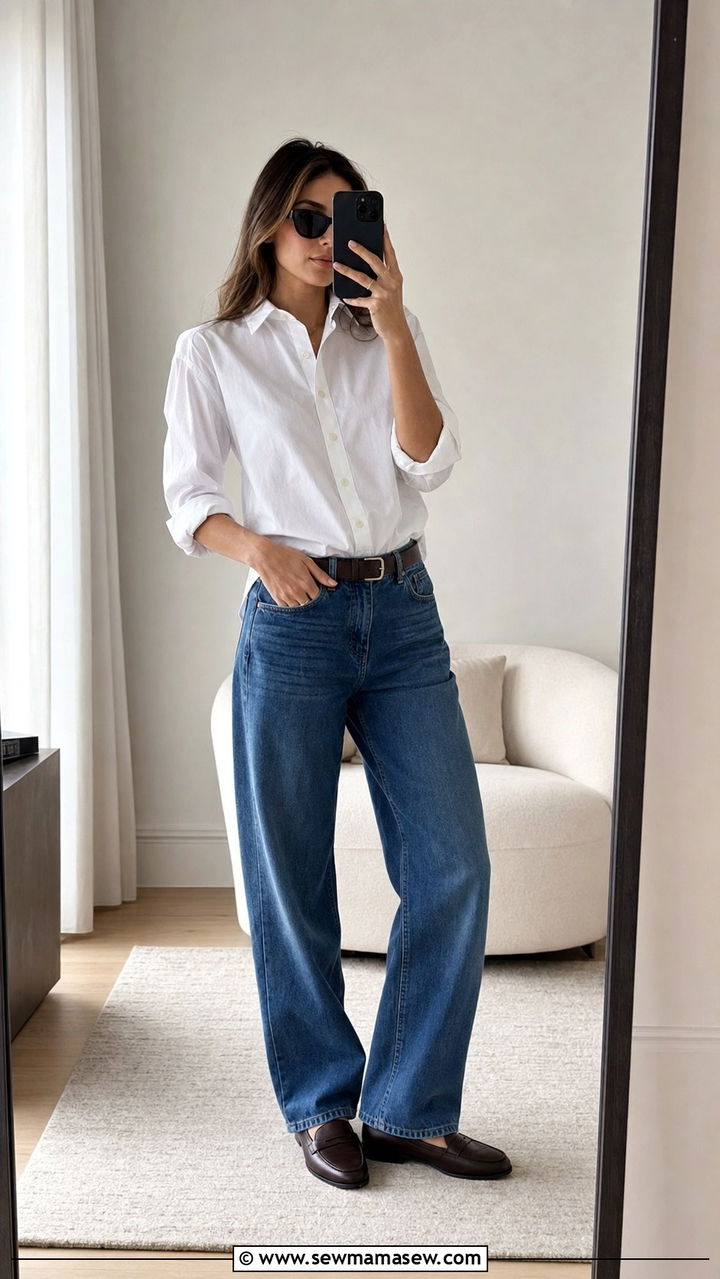 White Oxford Shirt and Baggy Denim Jeans Outfit - 25 Sofia Richie summer outfit ideas